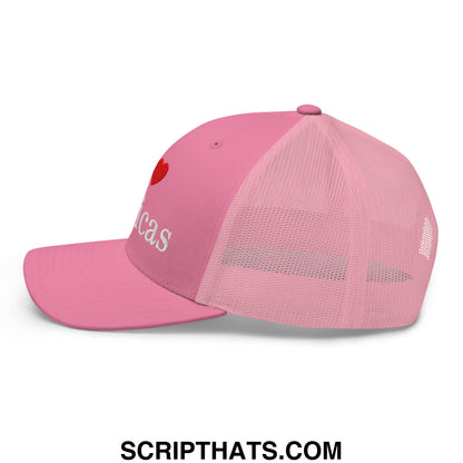 Pink mesh trucker hat with red heart and white embroidered I Love Toxicas text on front panel