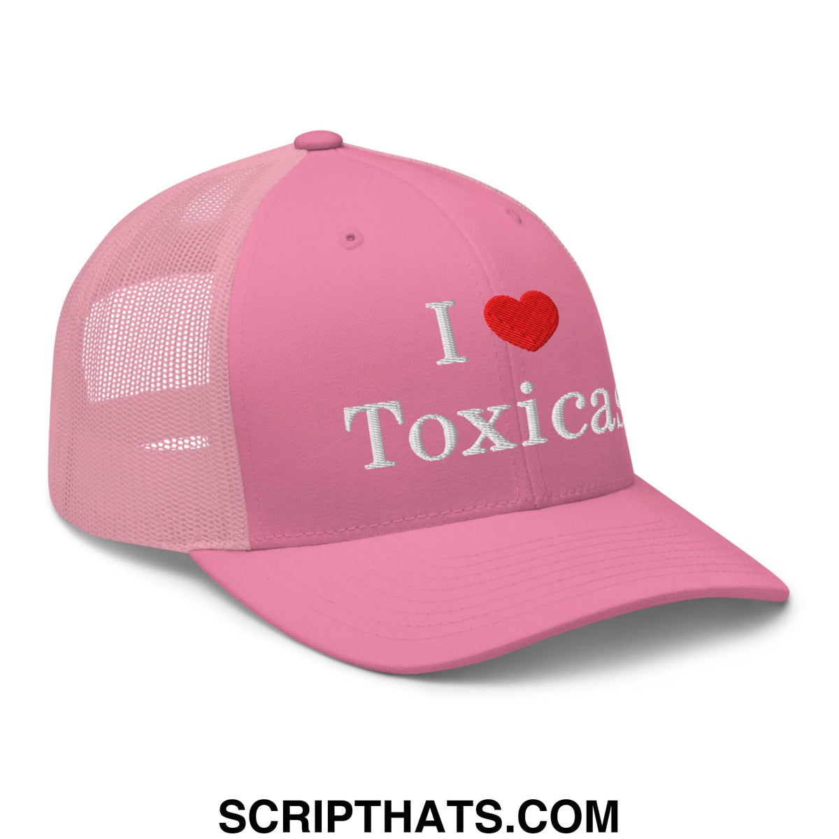 Pink i love toxicas embroidered mesh trucker hat with white text i heart toxic and red heart on front panels