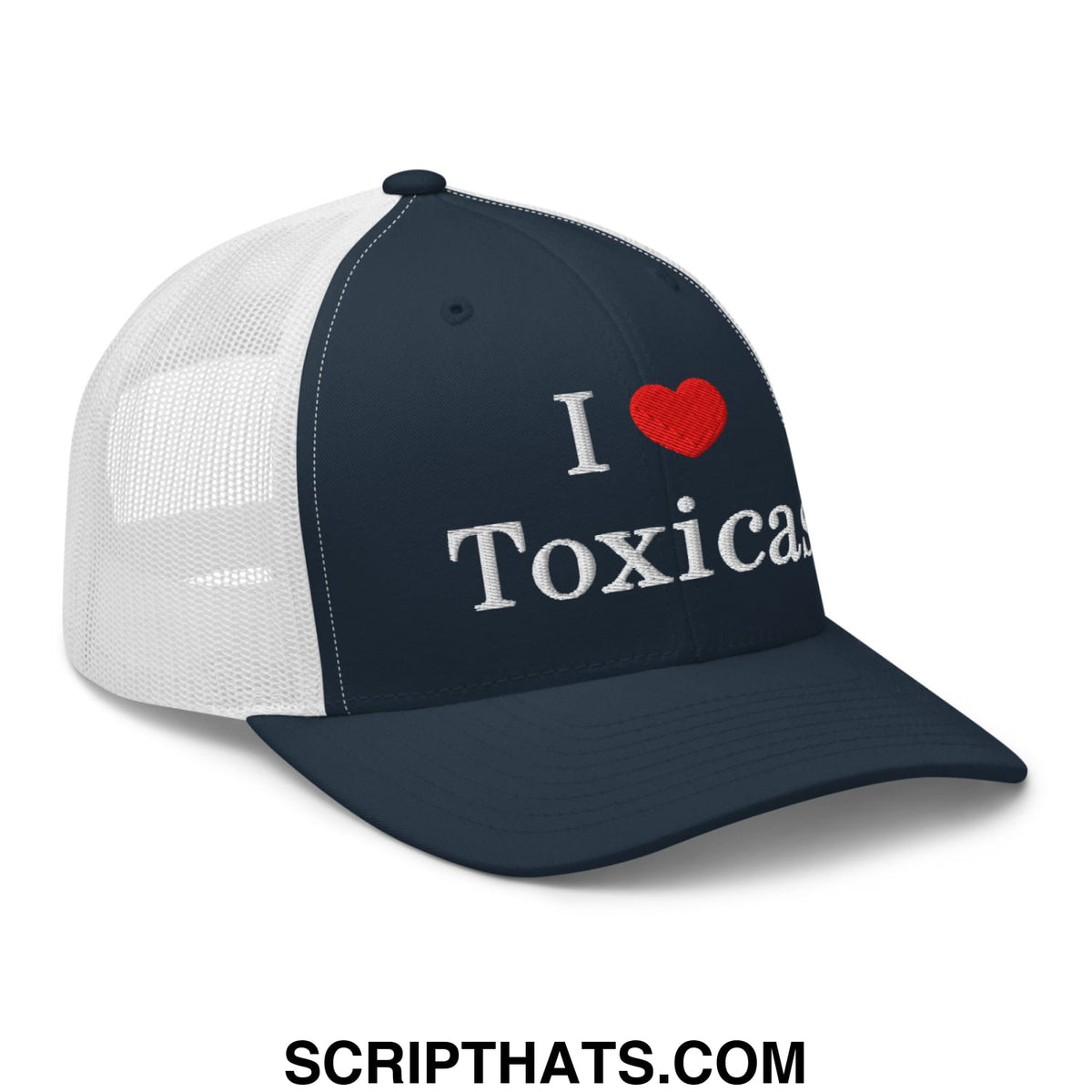 Navy blue and white mesh trucker hat with silver embroidered i love toxicas text on the front panel