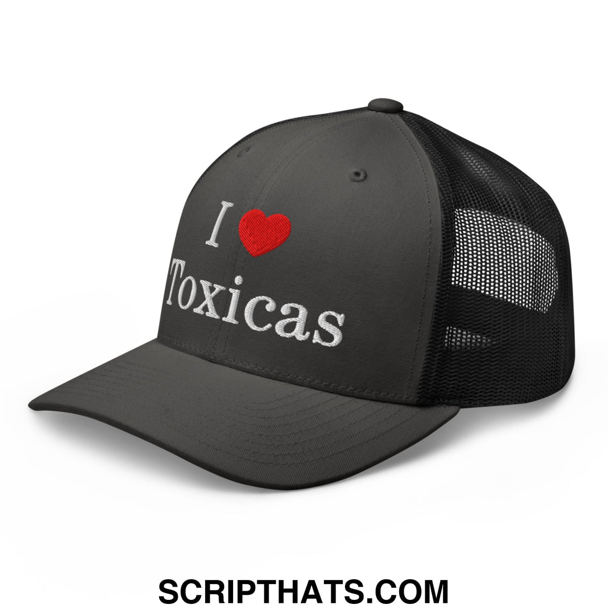 Black mesh trucker hat with red heart and white embroidered i love toxicas text on front panel