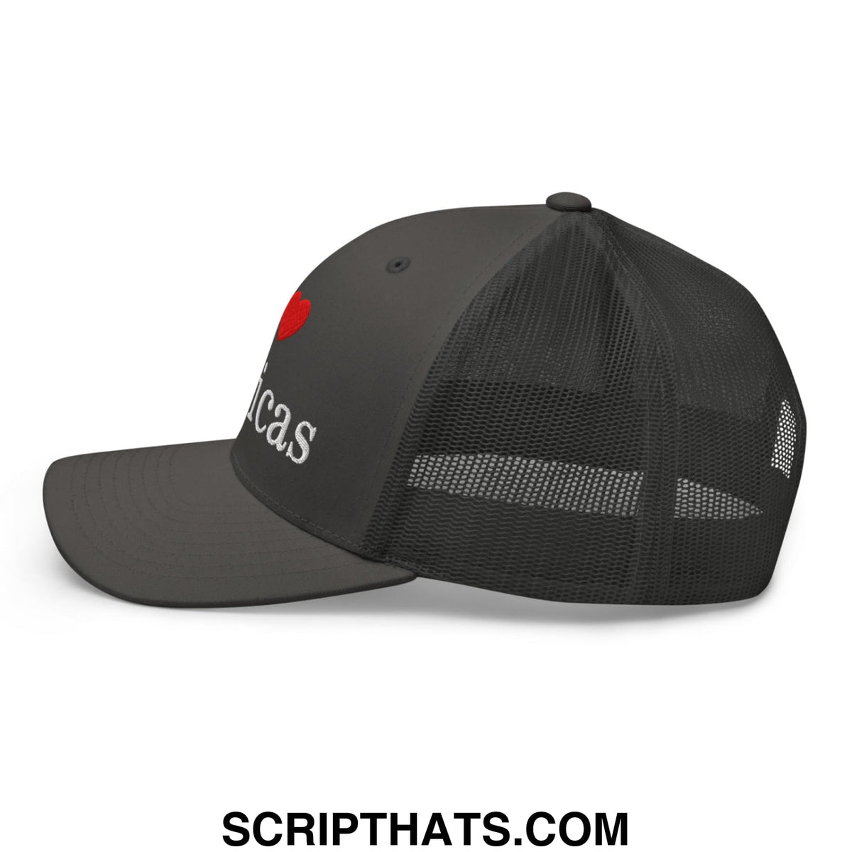 Black mesh trucker hat with red heart and white i love toxicas embroidered text on front panel