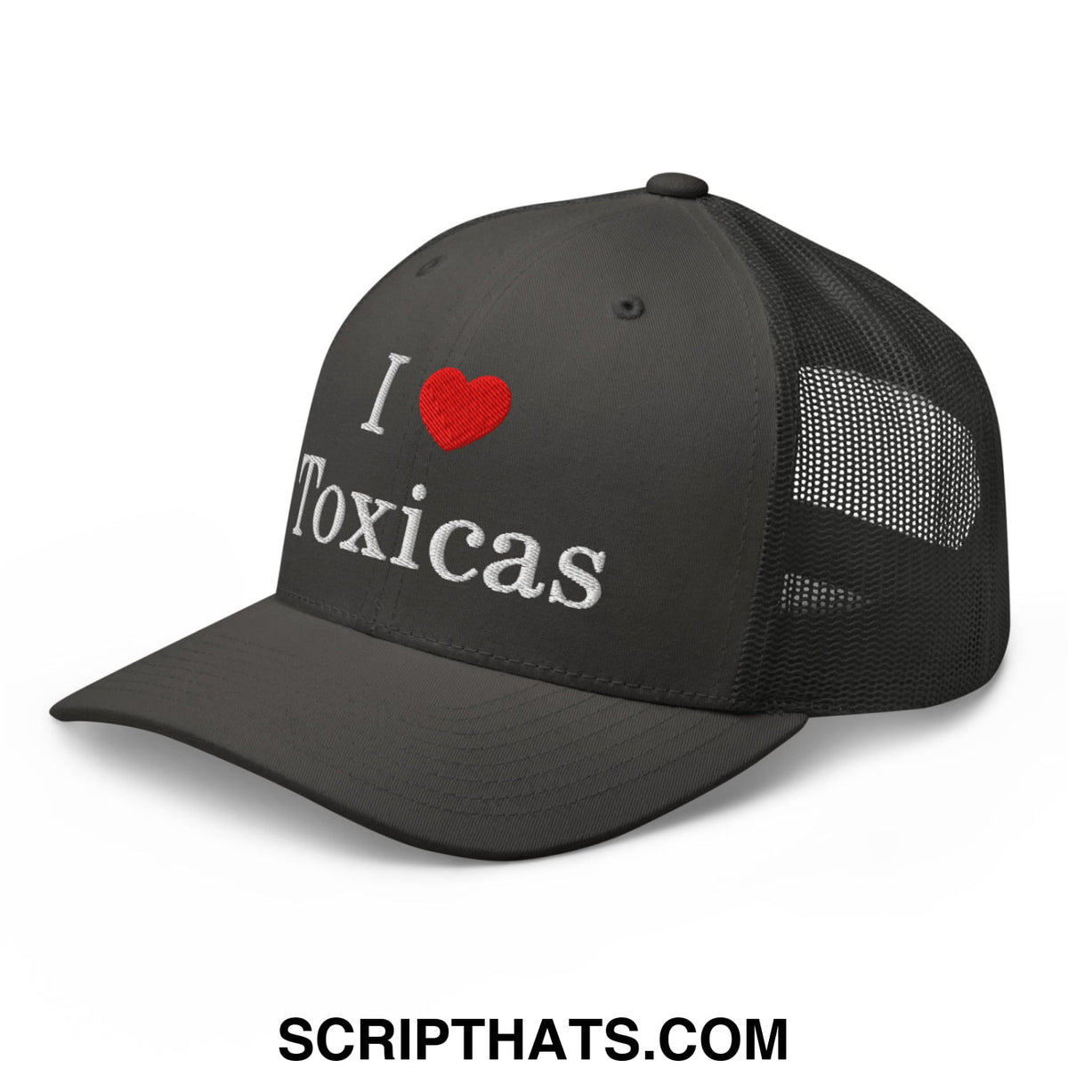 Black i love toxicas embroidered mesh trucker hat with white text red heart and mesh back panel