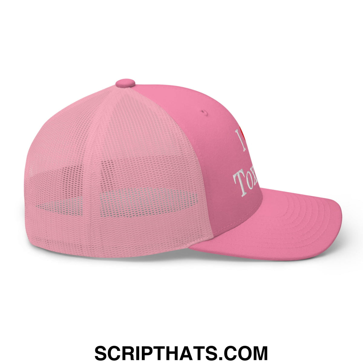 Pink mesh trucker hat with white i love toxicas embroidered text on front panel