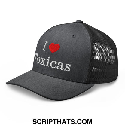 Black mesh trucker hat with red heart and white embroidered i love toxicas text on front panel
