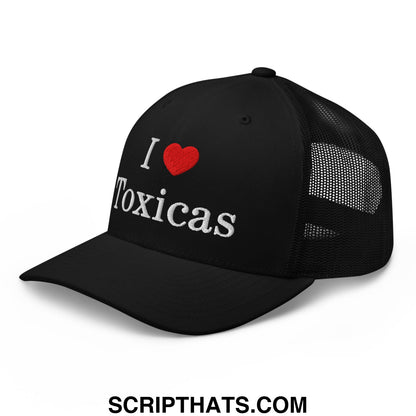 Black i love toxicas embroidered trucker hat with white text red heart and mesh back panel