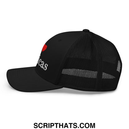 Black mesh trucker hat with red heart and white embroidered i love toxicas text on the front