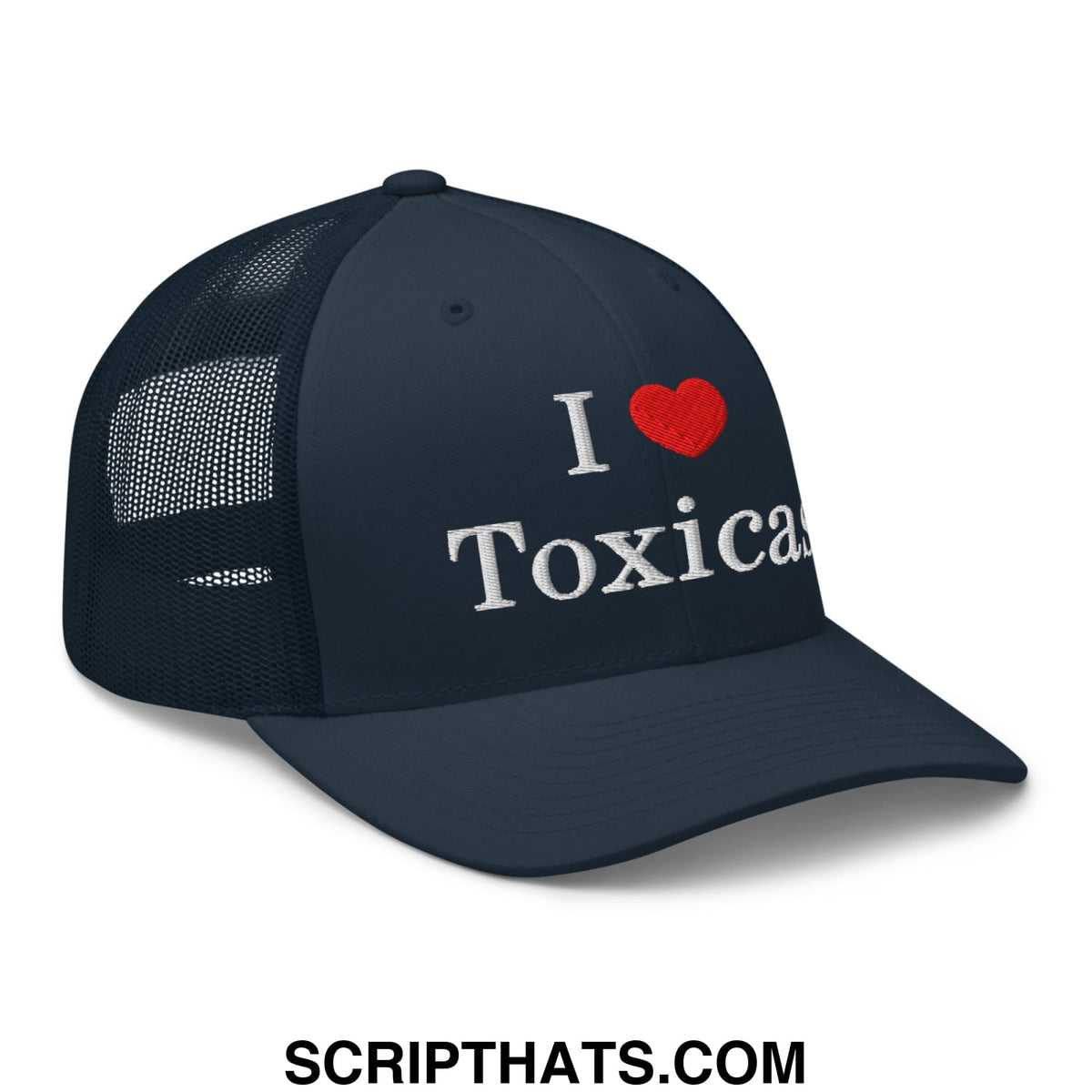 Dark navy mesh trucker hat with white embroidered i love toxicas text and a red heart symbol on front panel