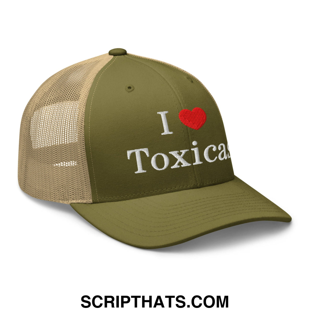 Olive green and tan mesh trucker hat with white embroidered i love toxicas text on the front panel