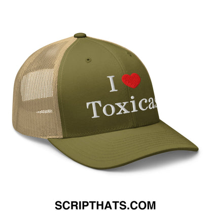 Olive green and tan mesh trucker hat with white embroidered i love toxicas text on the front panel