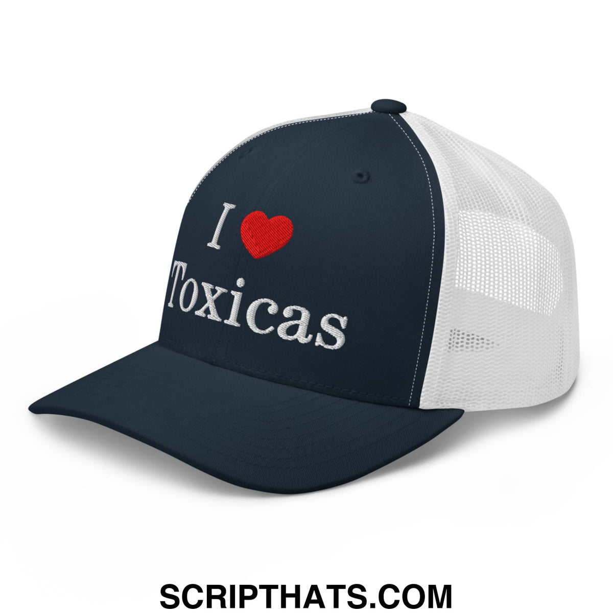 Navy blue and white mesh trucker hat with silver embroidered i love toxicas text on front panel