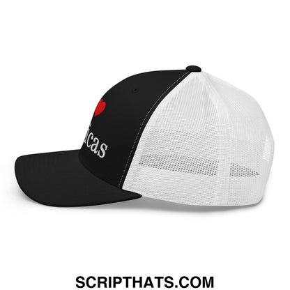 Black and white mesh trucker hat with red heart and lucas embroidered in silver thread i love toxicas design