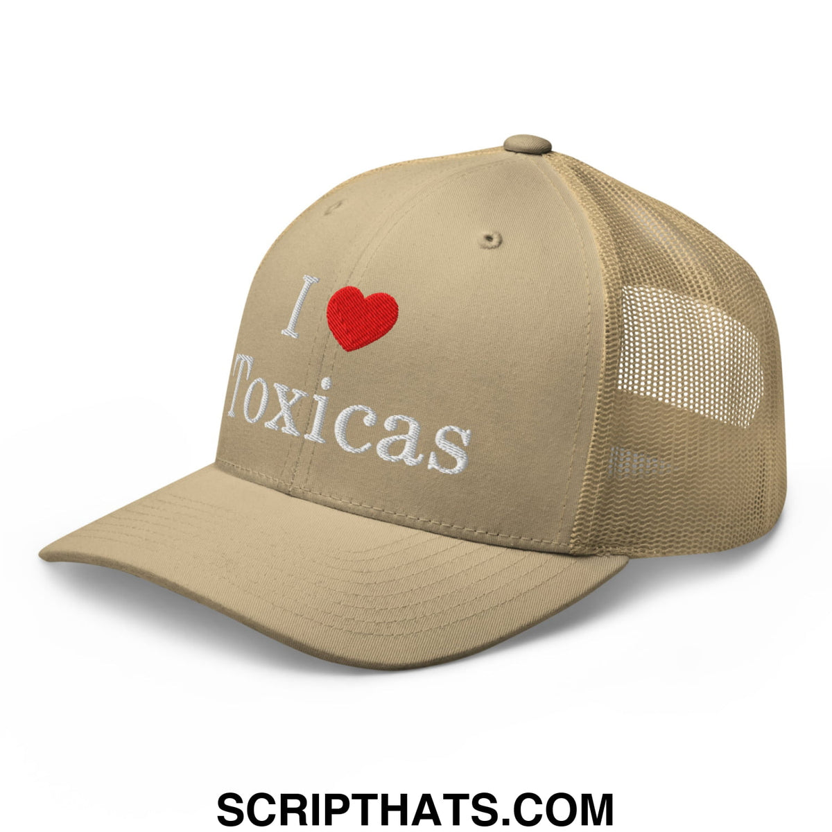 Beige i love toxicas embroidered mesh trucker hat with white text and red heart featuring a breathable back panel