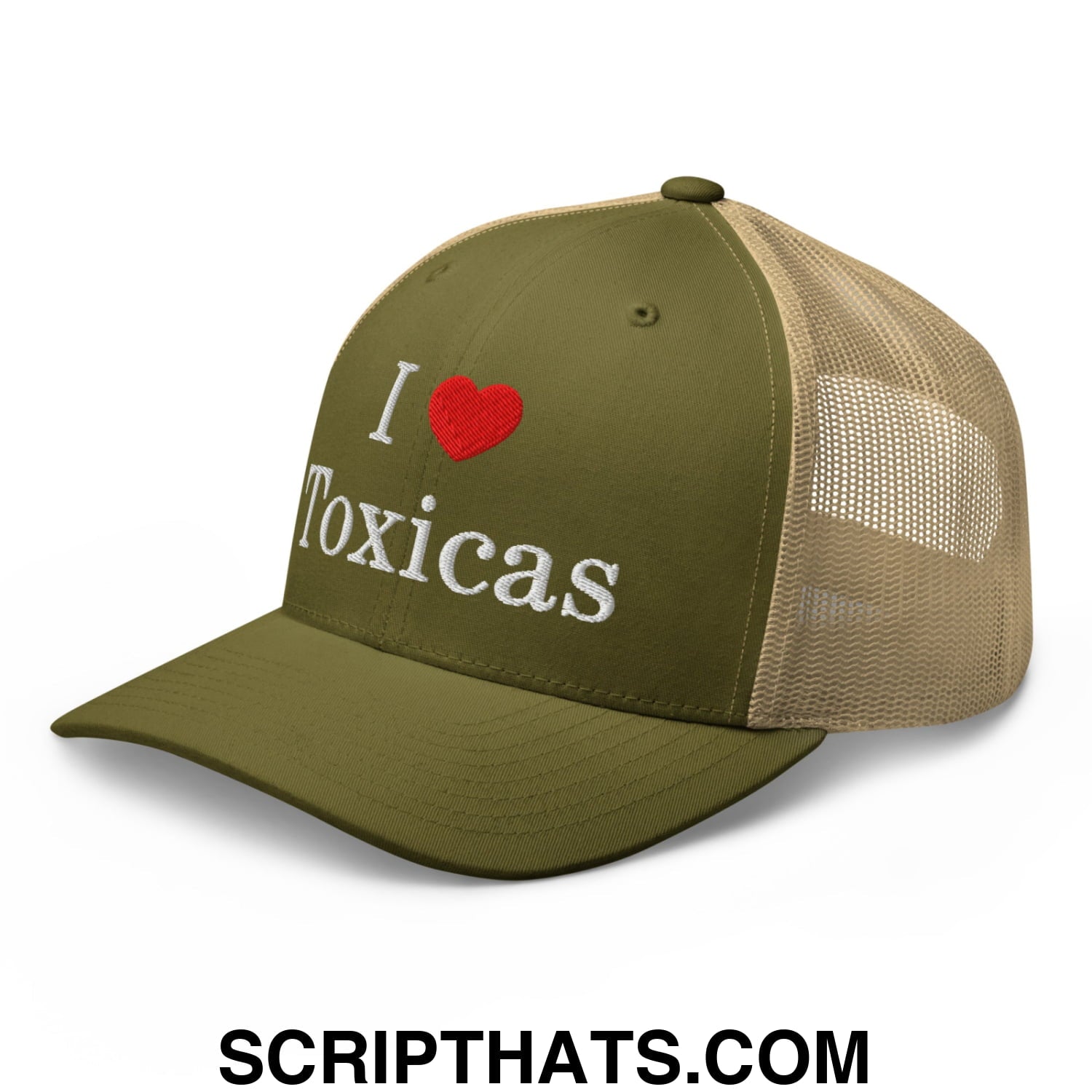 I Love Toxicas Embroidered Mesh Trucker Hat Moss Khaki