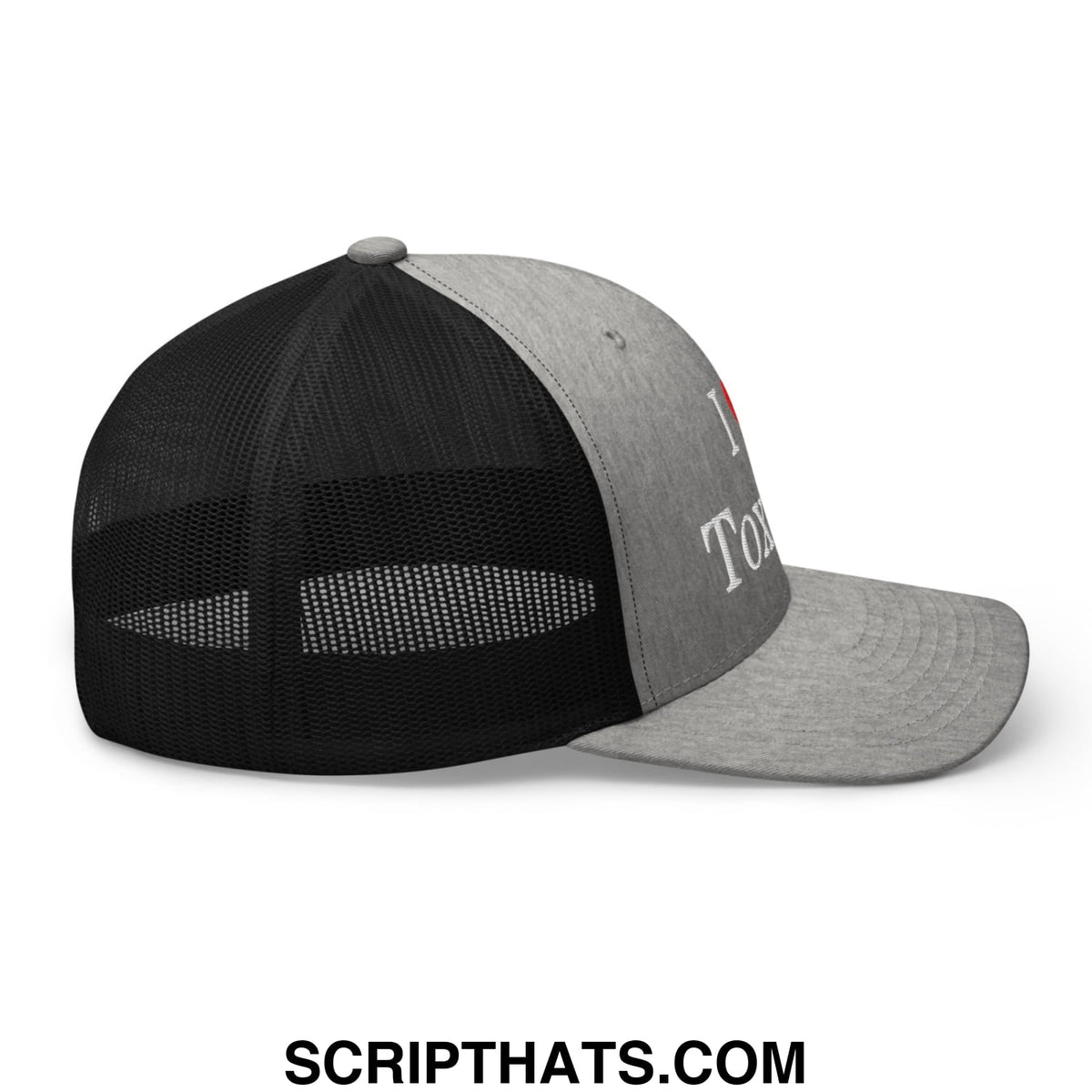 Gray and black mesh trucker hat with white embroidered i heart tom text on front panel for casual wear