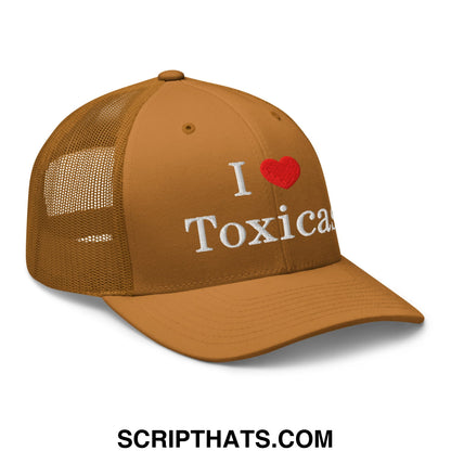 Tan i love toxicas embroidered mesh trucker hat with white text red heart and breathable back panel