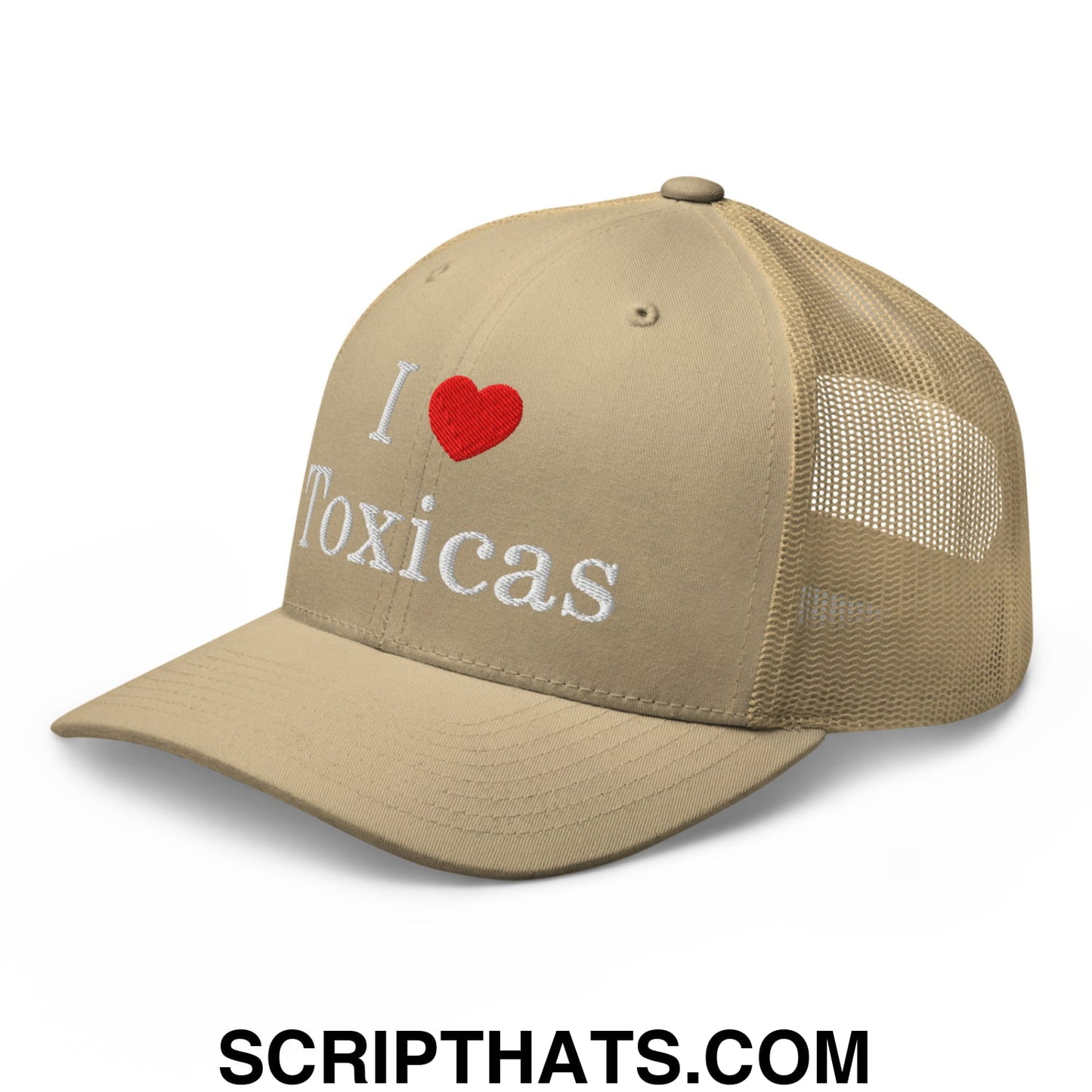 I Love Toxicas Embroidered Mesh Trucker Hat Khaki