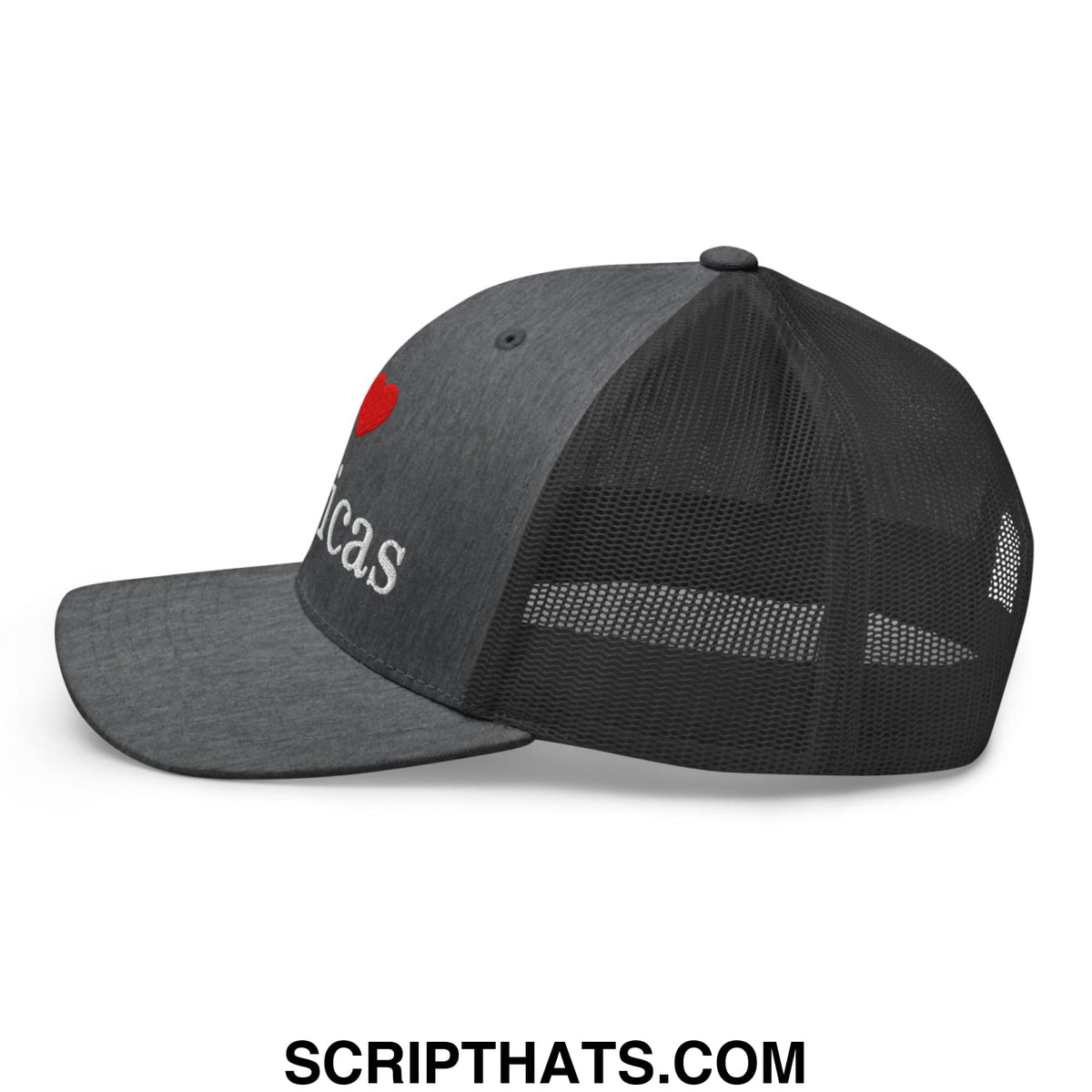 Black mesh trucker hat with red heart and white embroidered i love toxicas text on the front panel