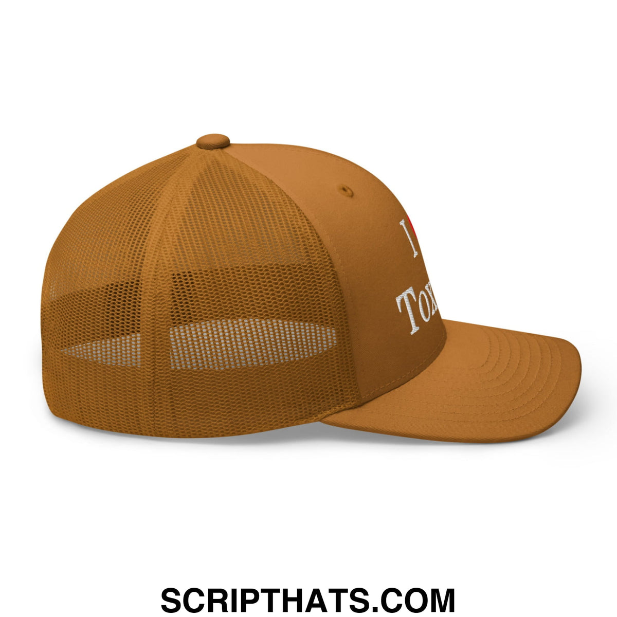 Tan i love toxicas trucker hat with mesh back and white embroidered text on front perfect for casual wear