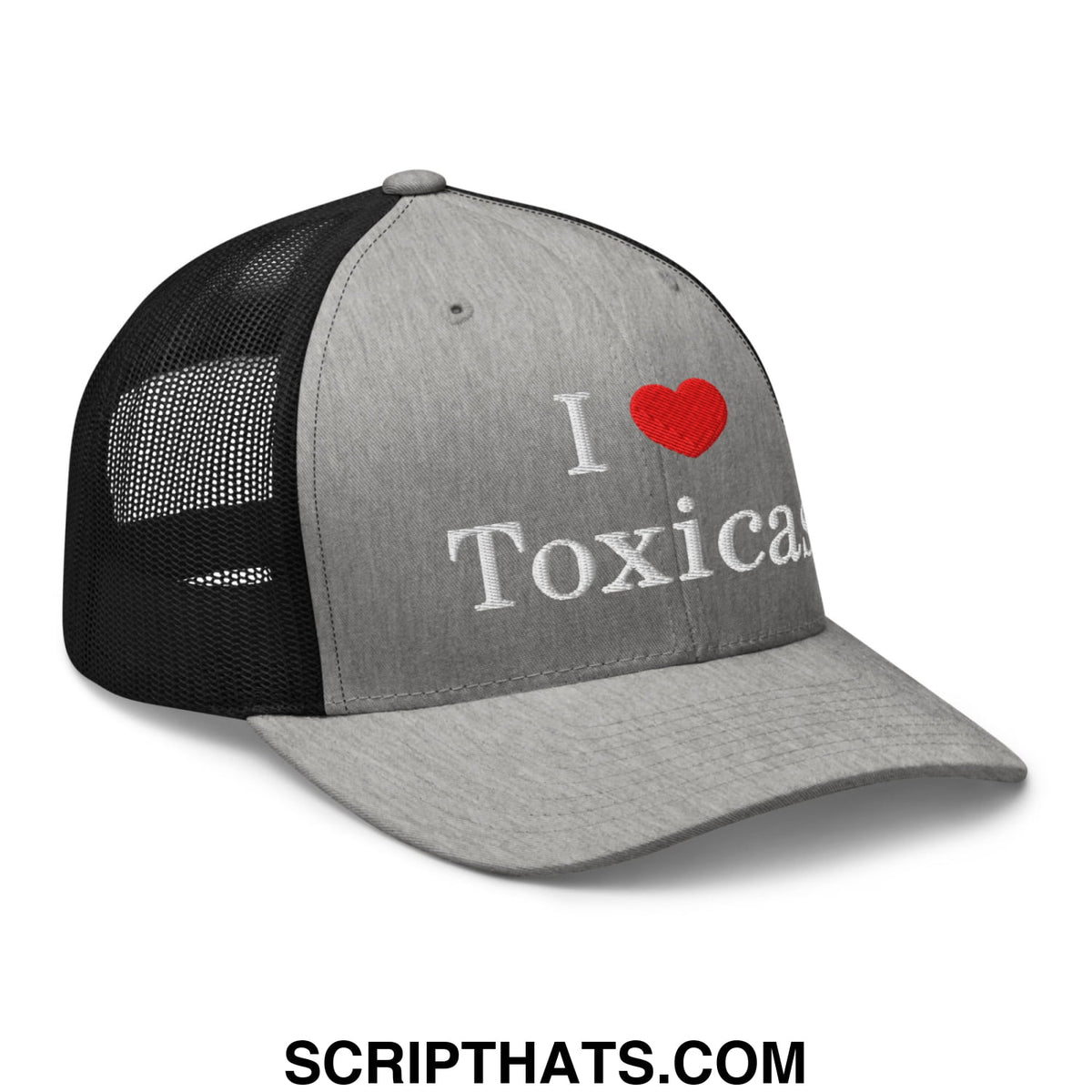 Gray i love toxicas embroidered mesh trucker hat with black back and red heart on front panel