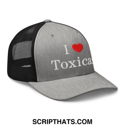 Gray i love toxicas embroidered mesh trucker hat with black back and red heart on front panel