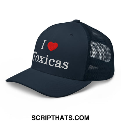 Navy blue i love toxicas embroidered mesh trucker hat with white text red heart and breathable mesh back panel