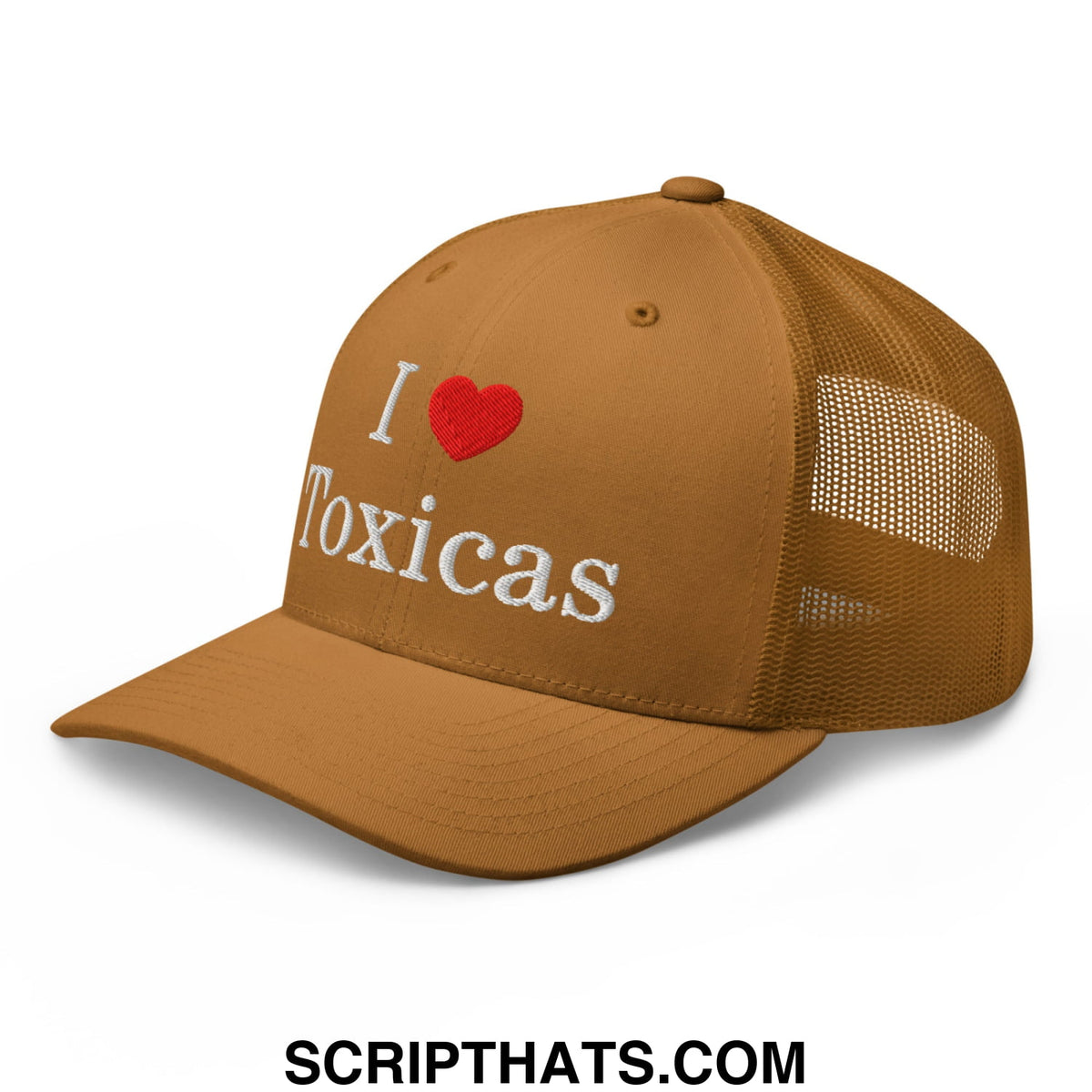 Tan i love toxicas embroidered mesh trucker hat with white text red heart and breathable back panel