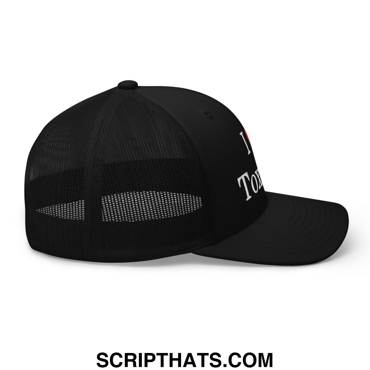 Black trucker mesh hat with white i heart tom embroidered text on front from i love toxicas collection