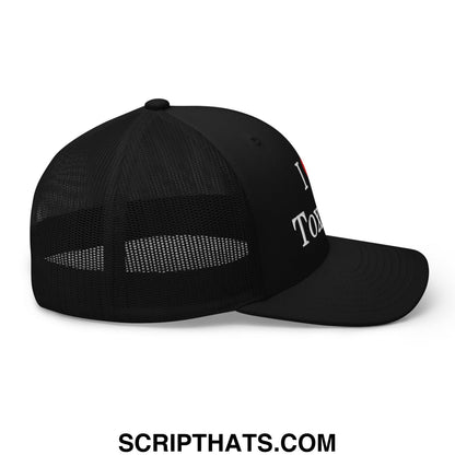 Black trucker mesh hat with white i heart tom embroidered text on front from i love toxicas collection
