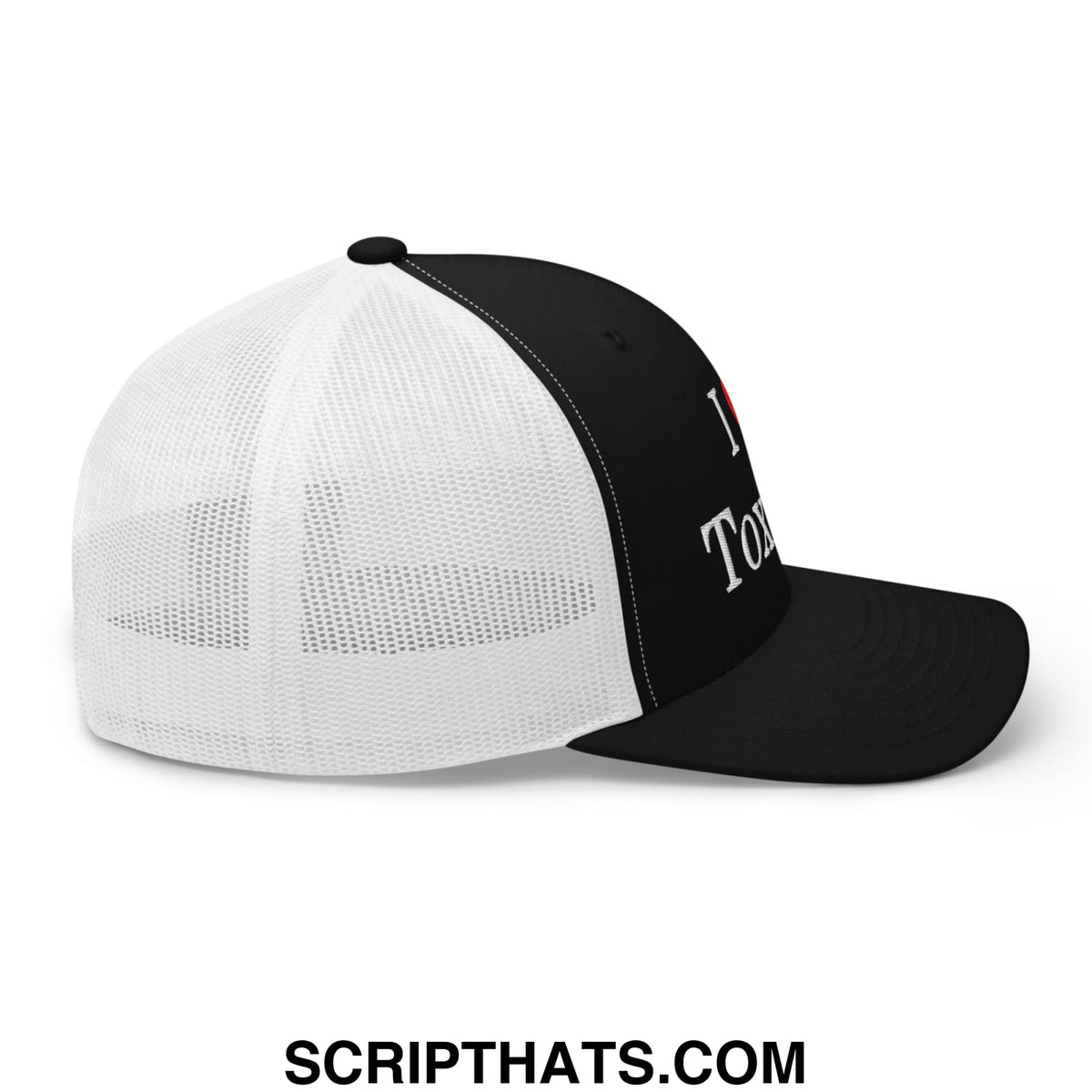 Black and white mesh trucker hat with i heart tom embroidered in white on the front panel for casual wear