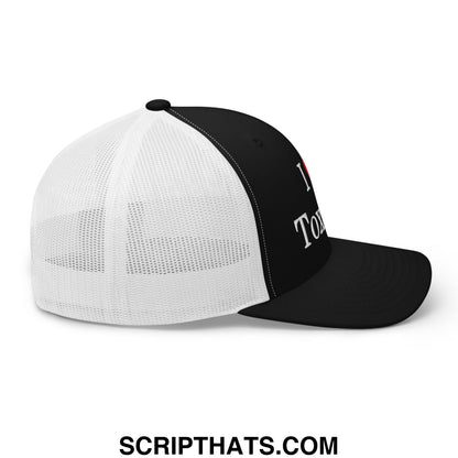 Black and white mesh trucker hat with i heart tom embroidered in white on the front panel for casual wear