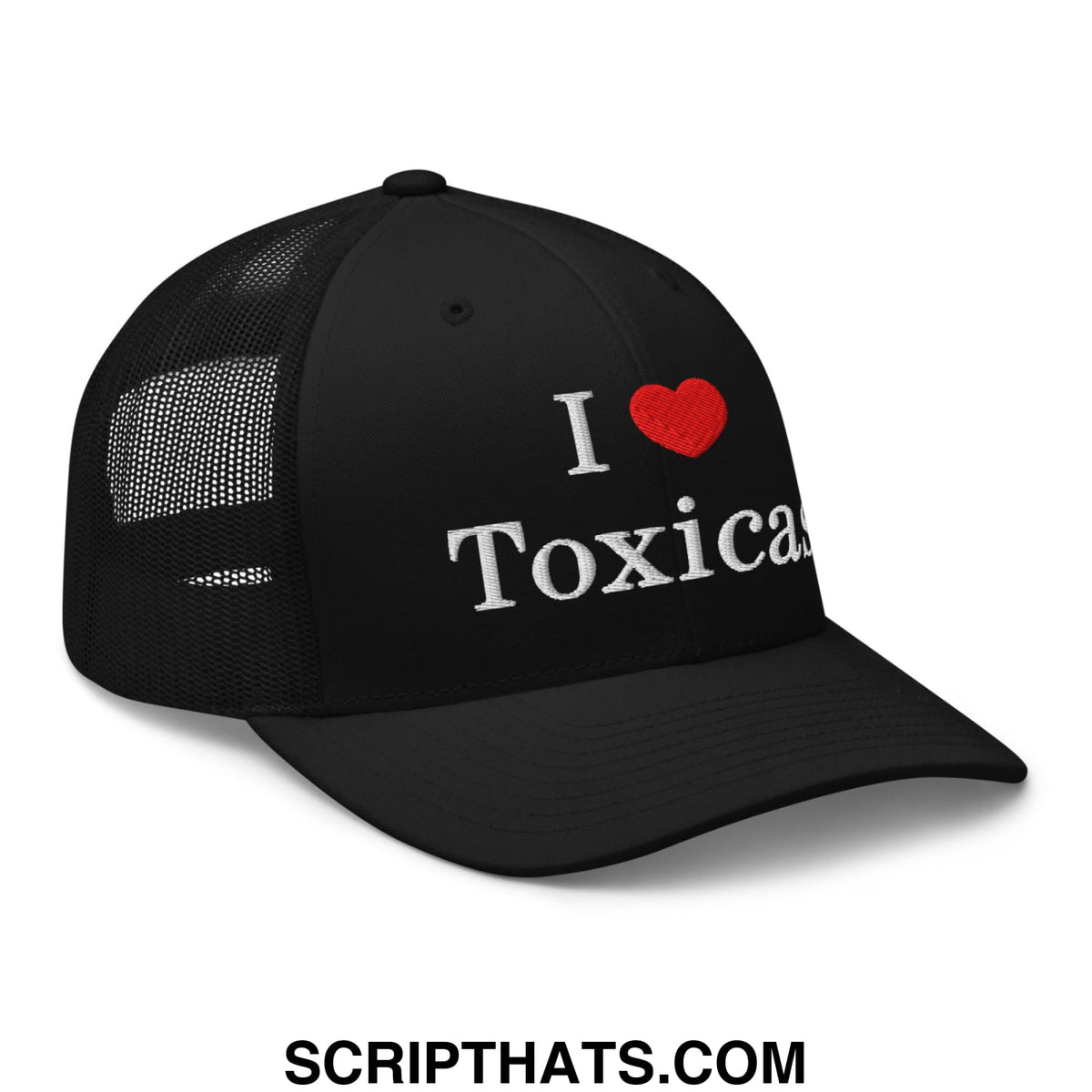 Black I love toxicas embroidered mesh trucker hat with white text and red heart featuring a mesh back panel