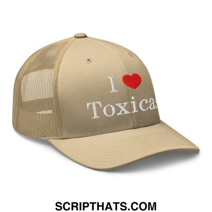 Beige i love toxicas embroidered mesh trucker hat with white text and red heart featuring a mesh back panel