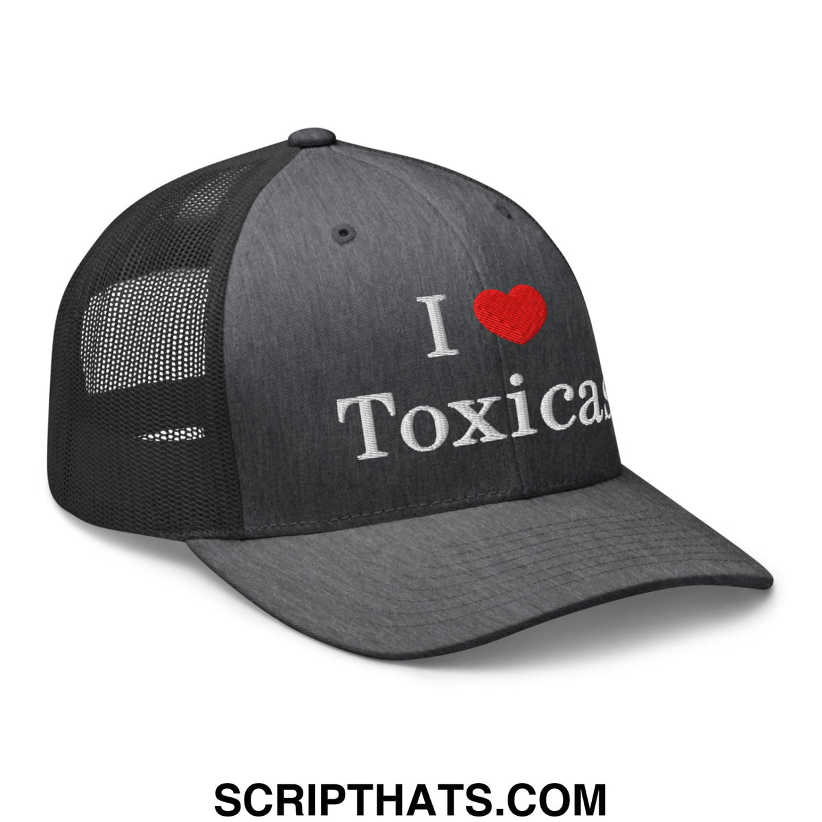 Black mesh trucker hat with embroidered white i heart toxicas text and red heart on front panel