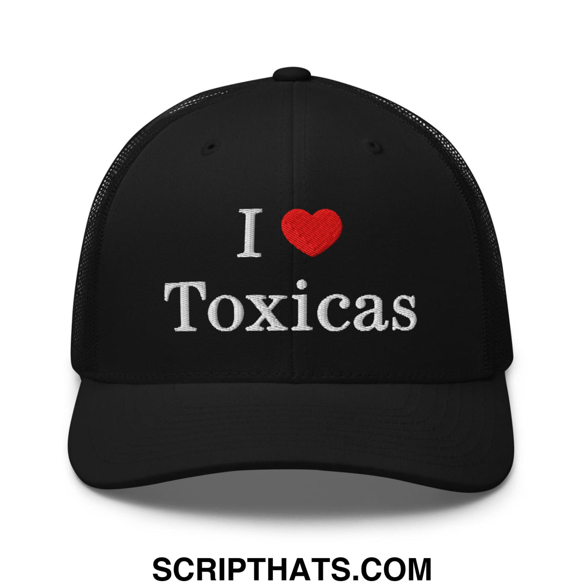 Black mesh trucker hat with white embroidered i love toxicas text and a red heart symbol on the front