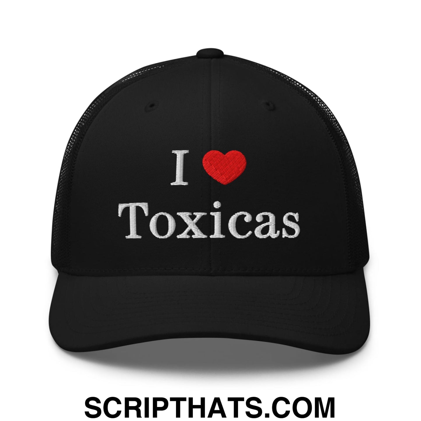 I Love Toxicas Embroidered Mesh Trucker Hat Black