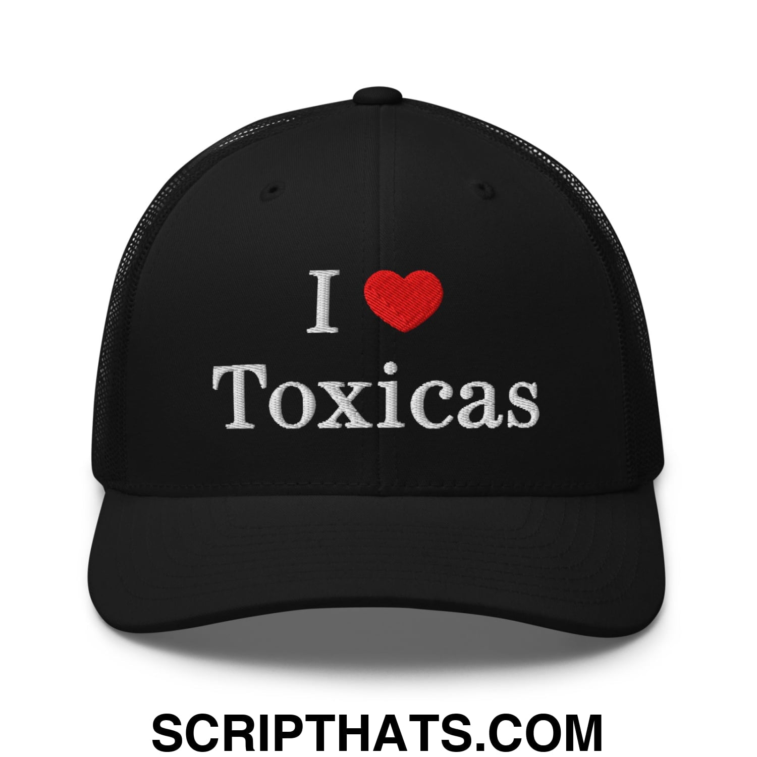 I Love Toxicas Embroidered Mesh Trucker Hat Black