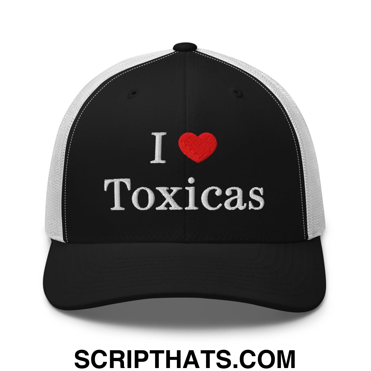 I Love Toxicas Embroidered Mesh Trucker Hat Black White