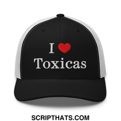 Black and white mesh trucker hat with embroidered i love toxicas in silver thread on front panel