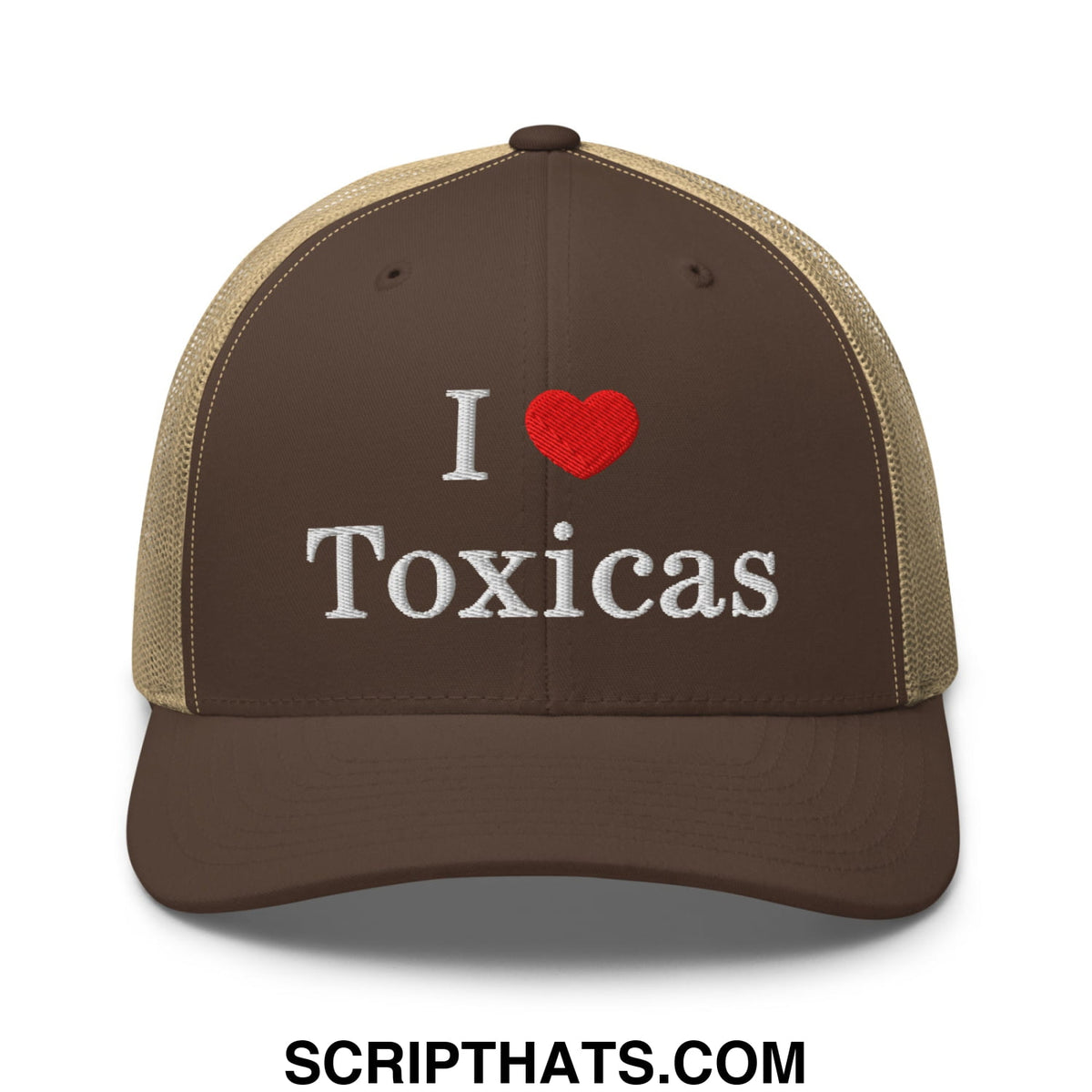Brown and tan mesh trucker hat with white embroidered i heart toxicas lettering and red heart design