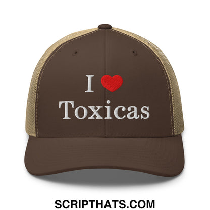 Brown and tan mesh trucker hat with white embroidered i heart toxicas lettering and red heart design