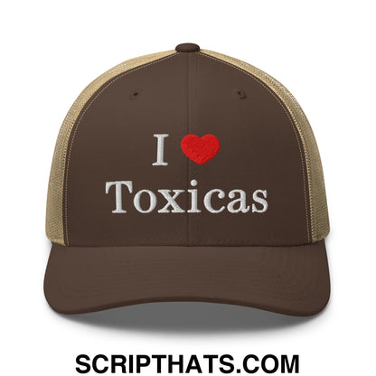I Love Toxicas Embroidered Mesh Trucker Hat Brown Khaki