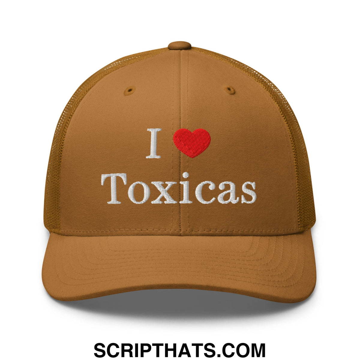 Tan mesh trucker hat with white embroidered i heart toxicas text and red heart symbol for casual wear