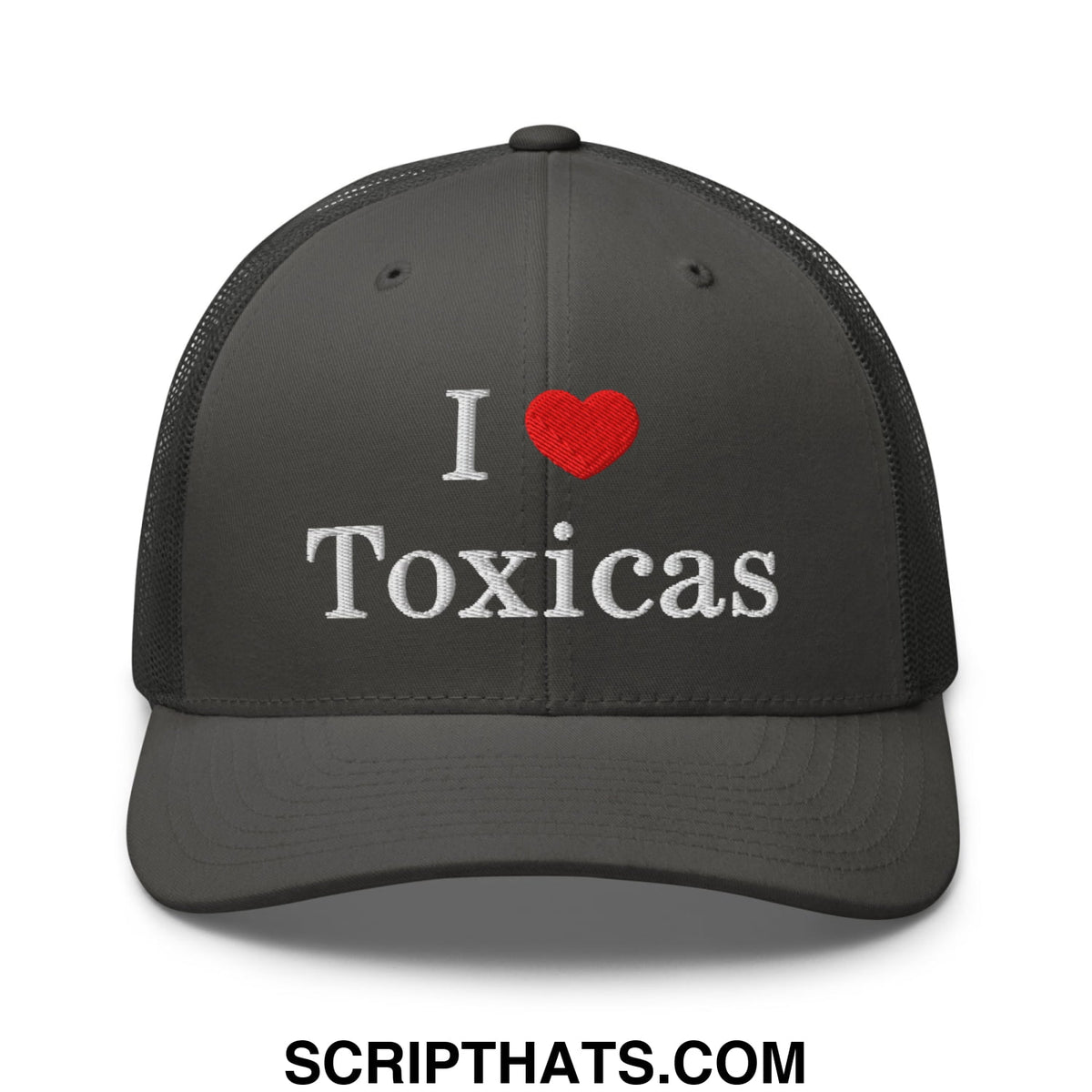 Dark gray mesh trucker hat with white embroidered i love toxicas text and red heart symbol on front panel