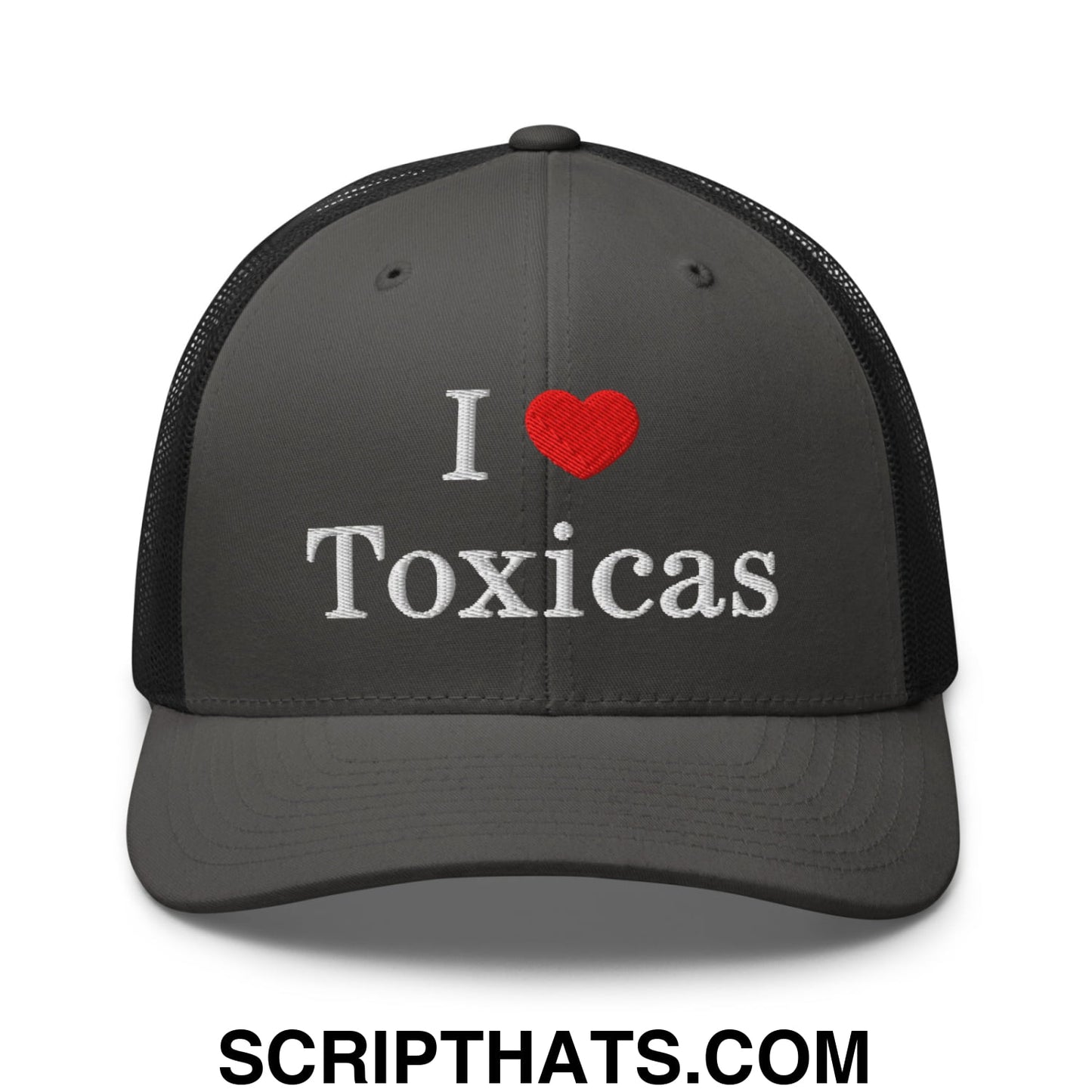 I Love Toxicas Embroidered Mesh Trucker Hat Charcoal Black