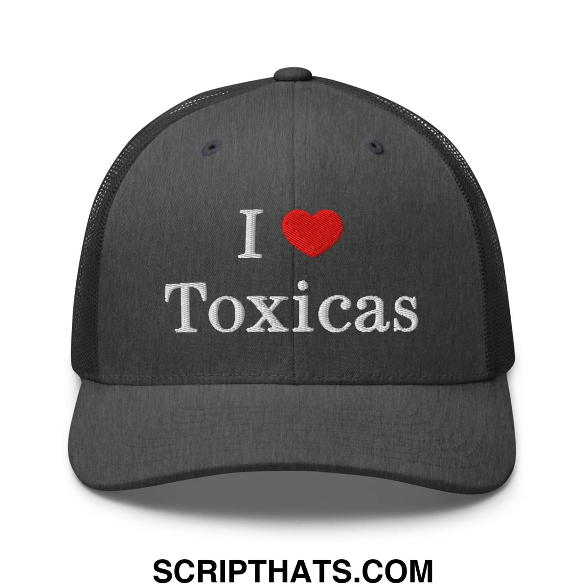 Black mesh trucker hat with white embroidered i heart toxicas text and red heart symbol perfect for casual wear