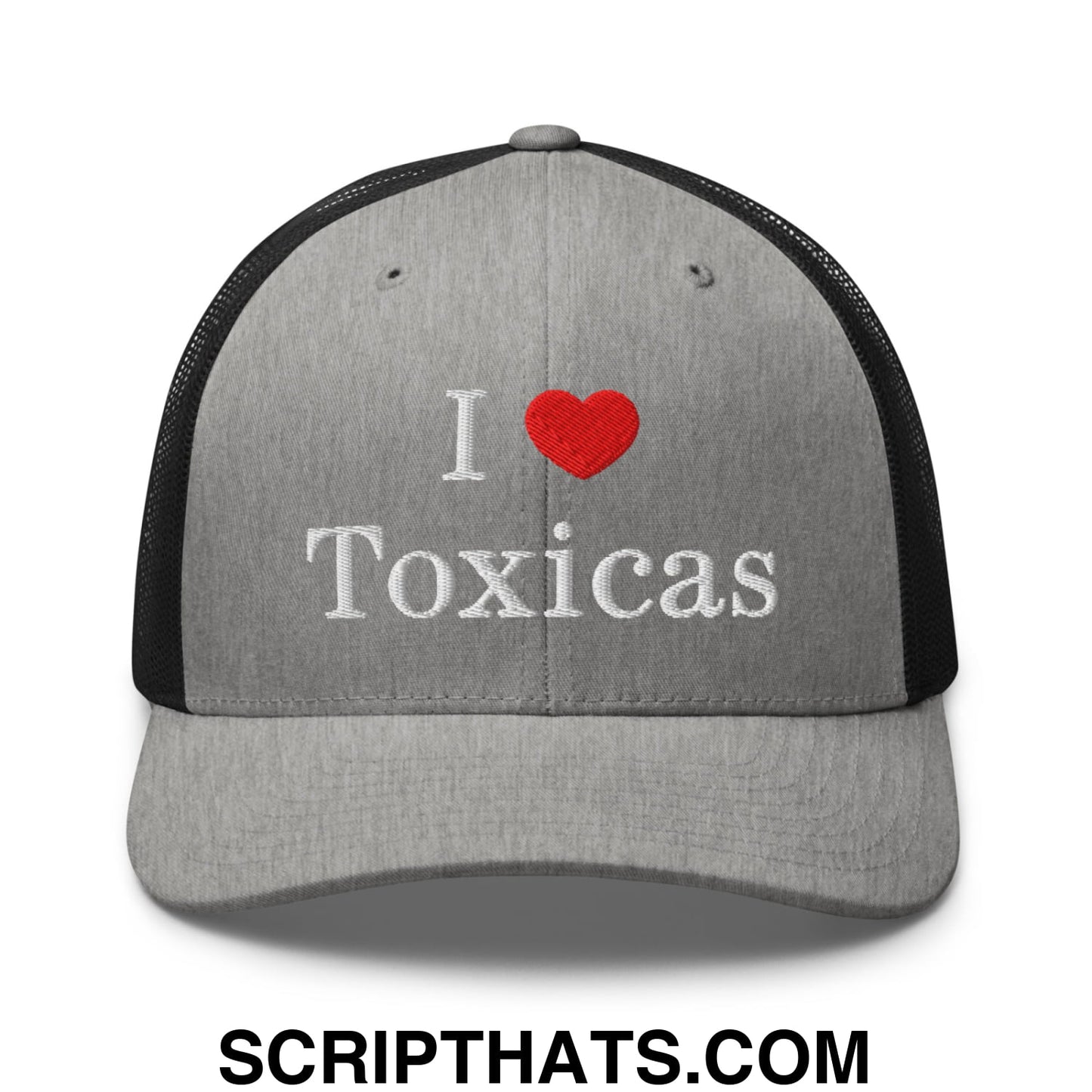 I Love Toxicas Embroidered Mesh Trucker Hat Heather Black
