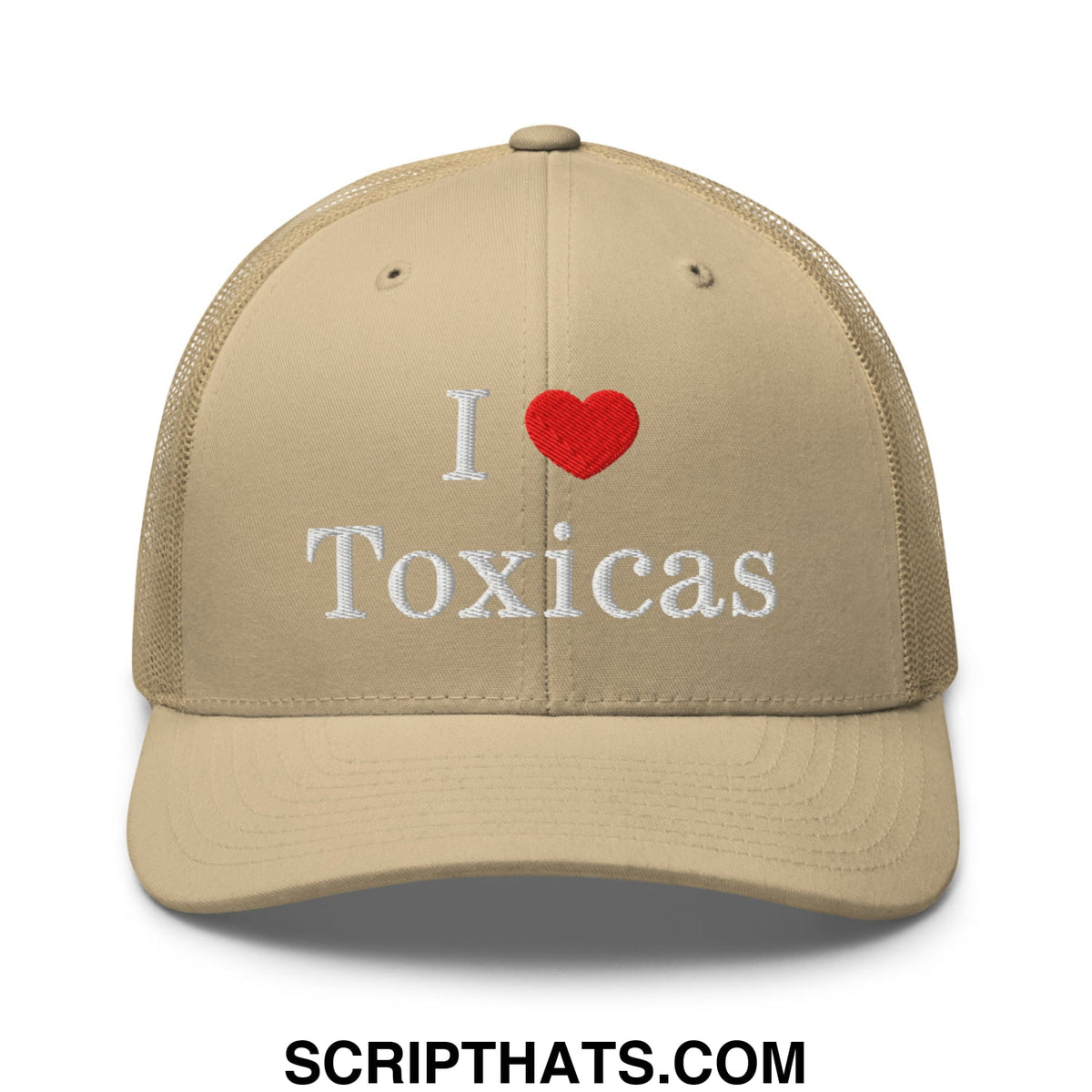 Beige i love toxicas embroidered mesh trucker hat with white text and red heart featuring breathable mesh back panels