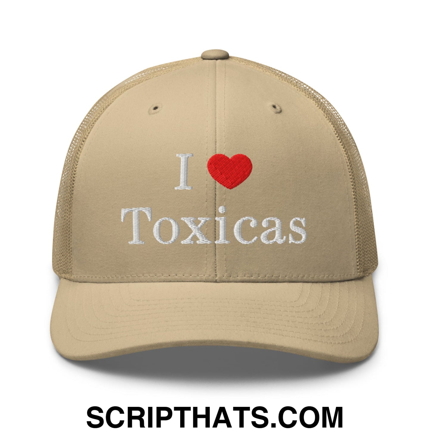 I Love Toxicas Embroidered Mesh Trucker Hat Khaki