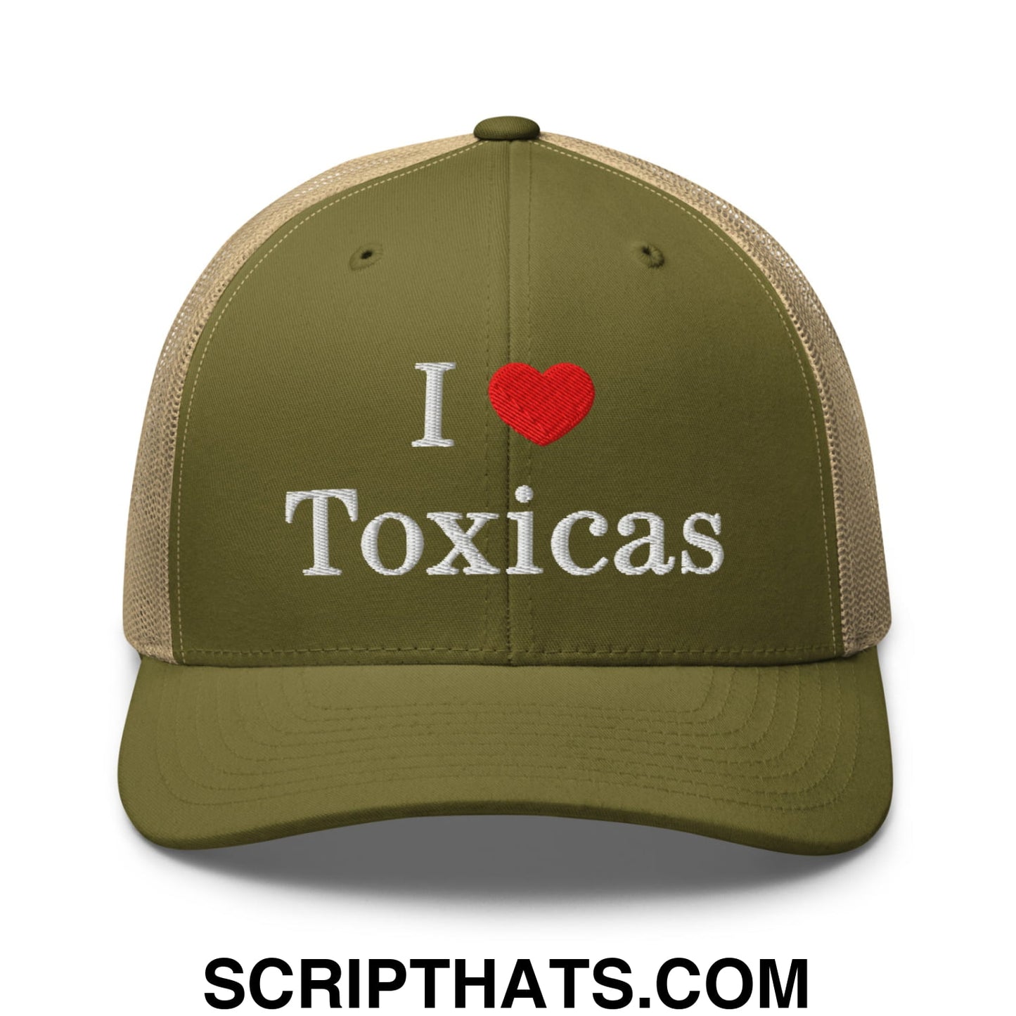 I Love Toxicas Embroidered Mesh Trucker Hat Moss Khaki