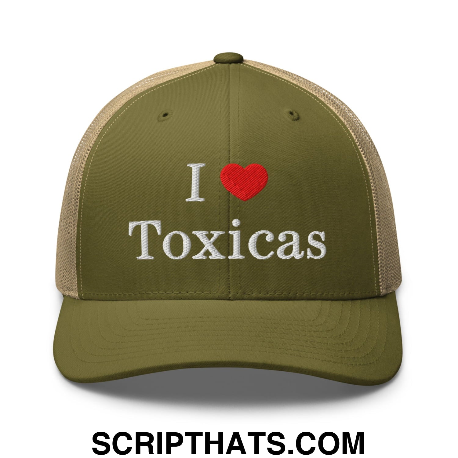 I Love Toxicas Embroidered Mesh Trucker Hat Moss Khaki